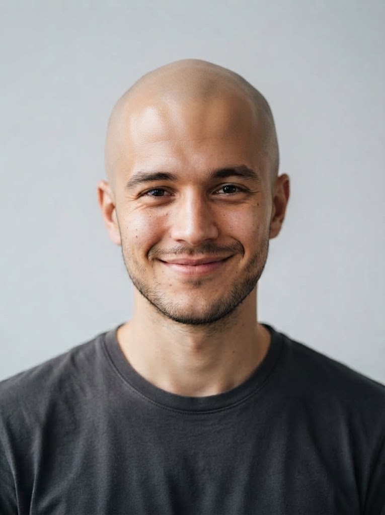 Bald filter before and after on a young man with messy hair