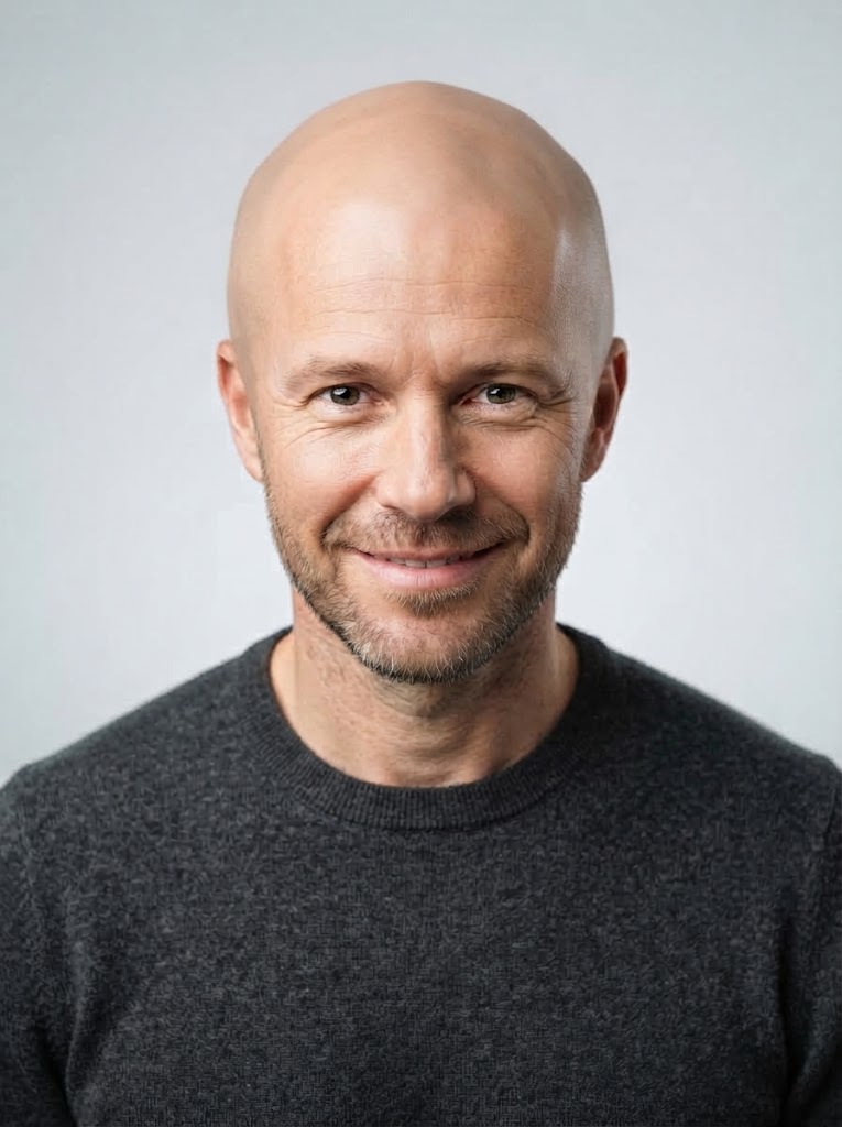 Bald filter before and after on a man with thinning hair and receding hairline