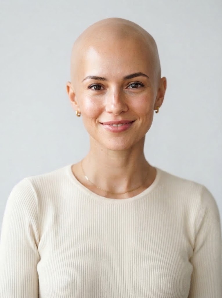 Bald filter before and after on a woman with long dark hair