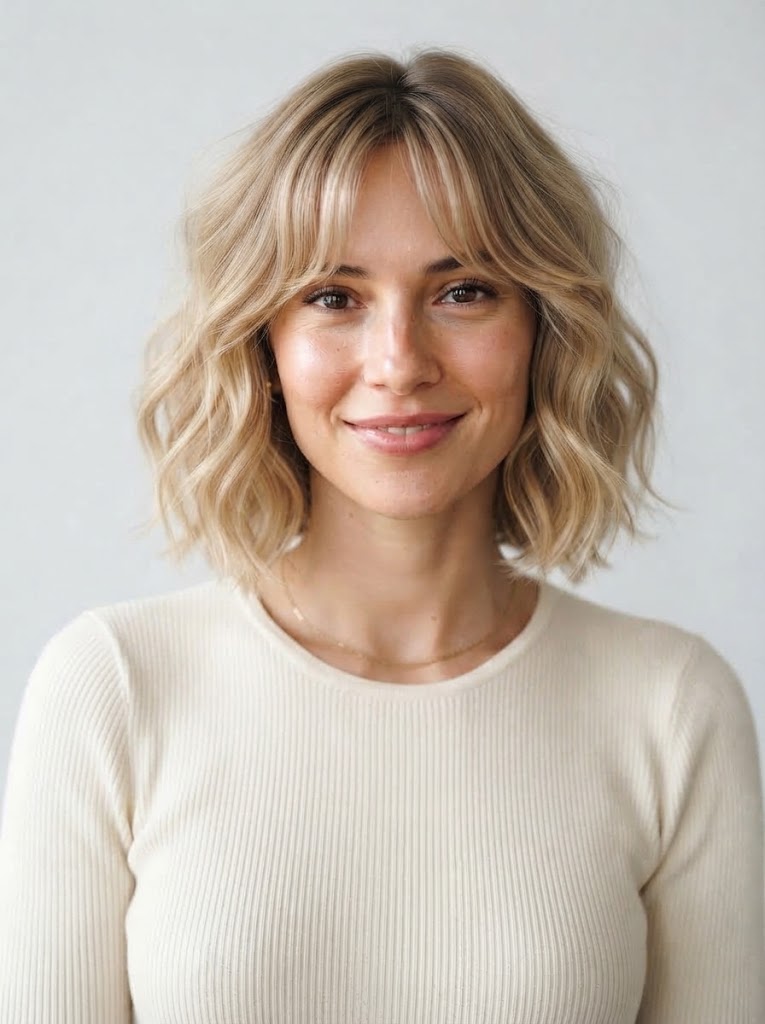 Hairstyle app before and after: long dark hair to a wavy blonde bob