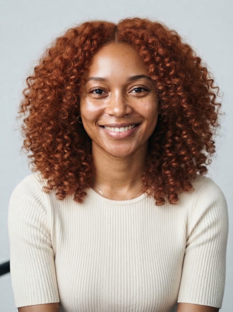 Hairstyle app before and after: straight dark hair to copper curls
